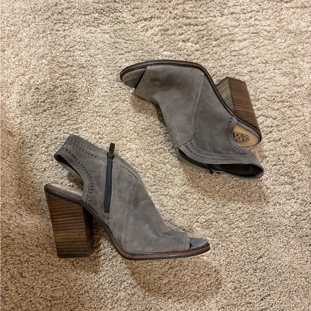 Vince Camuto Gray Suede Peep-Toe Block Heel Sandals